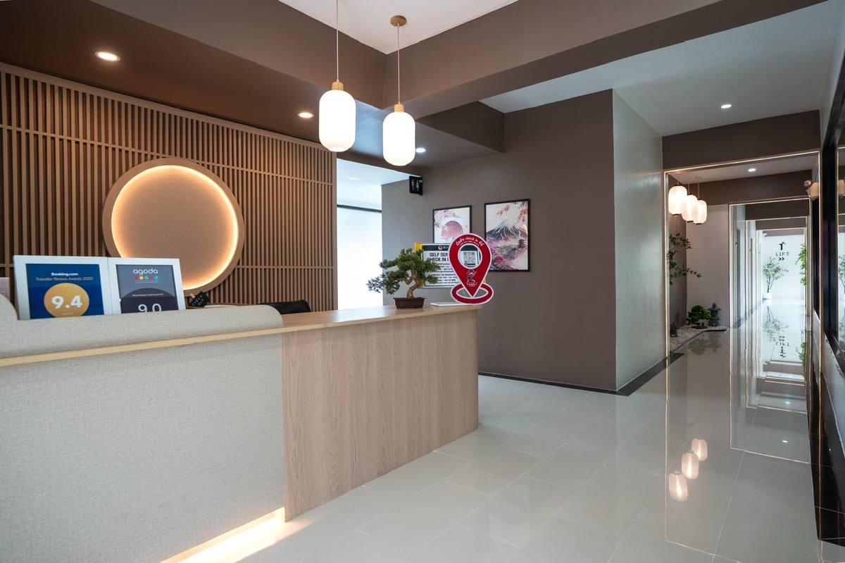 Reception desk in warm wood